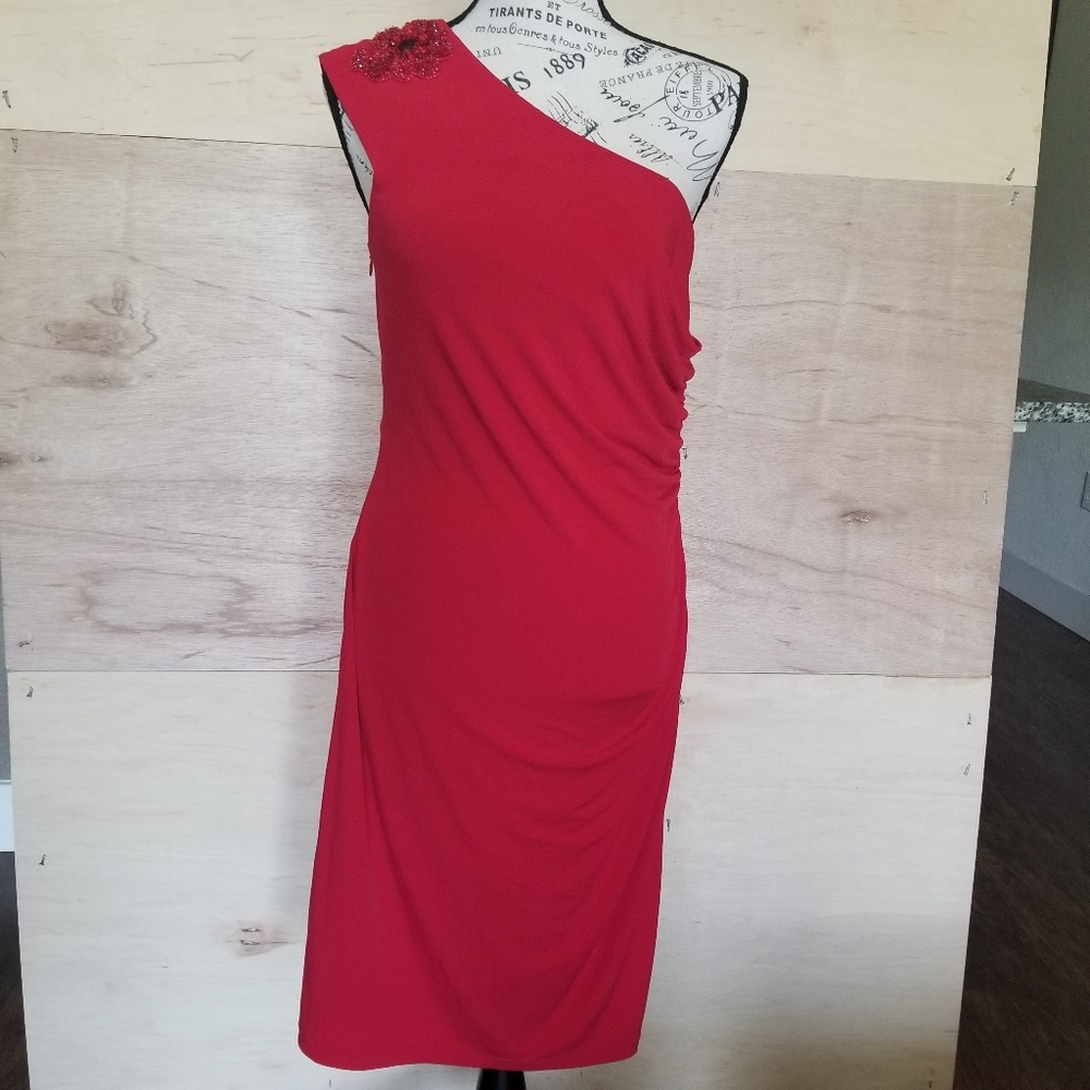 David Meister Red One Shoulder Cocktail Dress